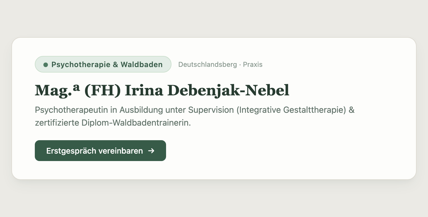 Detailausschnitt: Header-Badge und Typografie der Praxis Debenjak