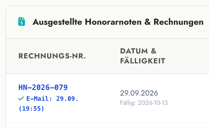 Detailausschnitt: Rechnungszeile mit Mail-Status und Fälligkeit
